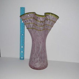 Vintage 10 inch Pink Art Glass Vase  Infused, applied and Swung Nice Ruffle